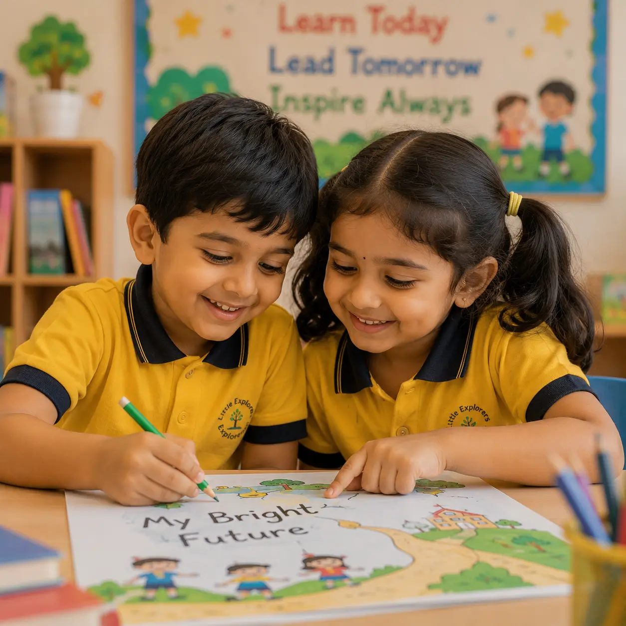 Quiet and clean classroom prepared for LKG CBSE foundation lessons