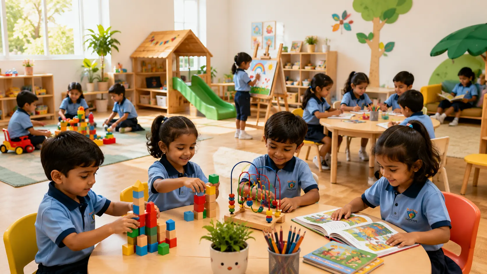 Preschool teacher coloring and painting with children
